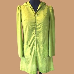 VINTAGE Dotted Swiss Spring Green Hooded Mini Dress OOAK